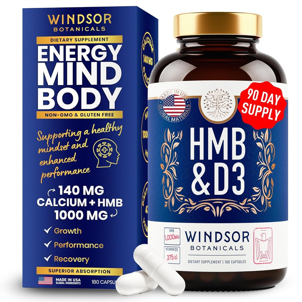 HMB and Vitamin D3 Supplement - B-Hydroxy B-Methylbutyrate 1,000 MG HMB Supplements for Men and Women Plus Calcium, Vitamin D 3 - Muscle Growth, Strength, Performance, Recovery - 90 Days, 180 Caps.