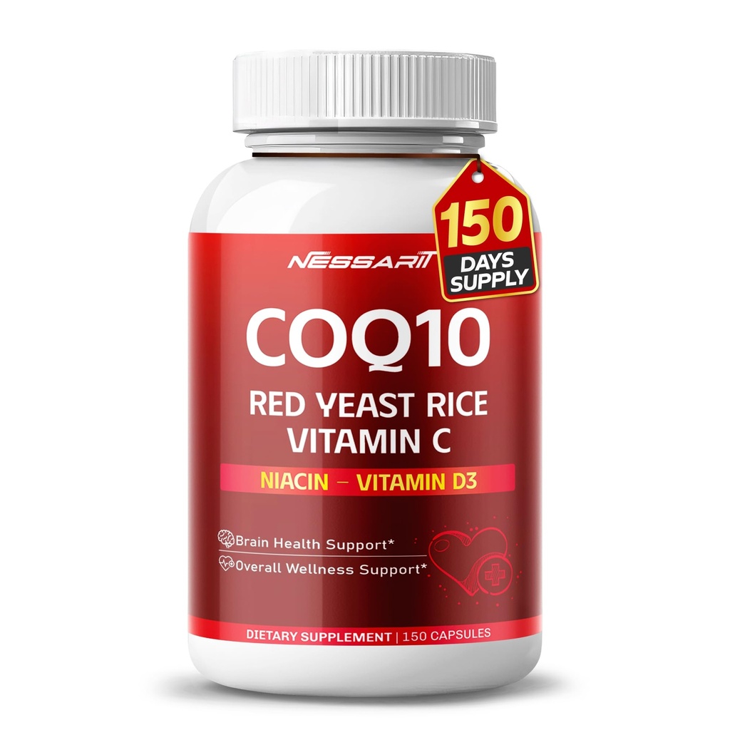 COQ10 + Red Yeast Rice Supplement - 10-σε-1 Φυσικό μείγμα με Ωμέγα 3 Βιταμίνη Β3, Κ2, D3, Zinc Milk Thistle Black Pepper - 150 Count - Made & Tested in The USA