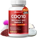 COQ10 + Red Yeast Rice Supplement - 10-σε-1 Φυσικό μείγμα με Ωμέγα 3 Βιταμίνη Β3, Κ2, D3, Zinc Milk Thistle Black Pepper - 150 Count - Made & Tested in The USA
