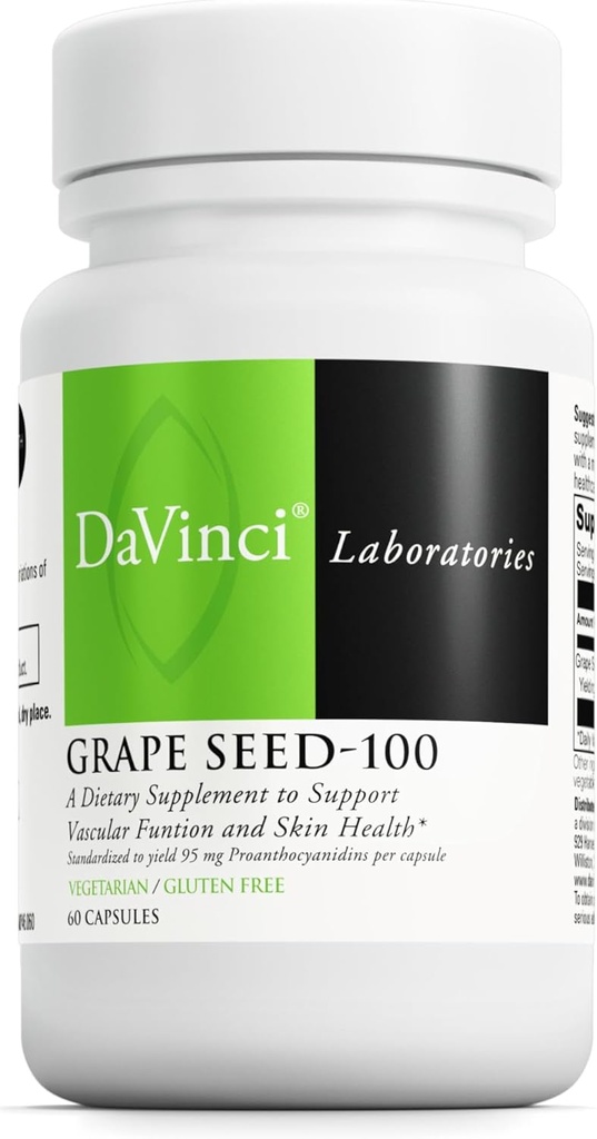 DAVINCI Labs Σπόροι σταφυλιού-100 - Συμπλήρωμα διατροφής για την υποστήριξη του ανοσοποιητικού συστήματος, της αγγειώδους λειτουργίας και του υγιούς δέρματος* - με εκχύλισμα 100 mg σπόρων σταφυλιού ανά σερβίρισμα - Χωρίς γλουτένη - 60 κάψουλες χορτοφαγικών