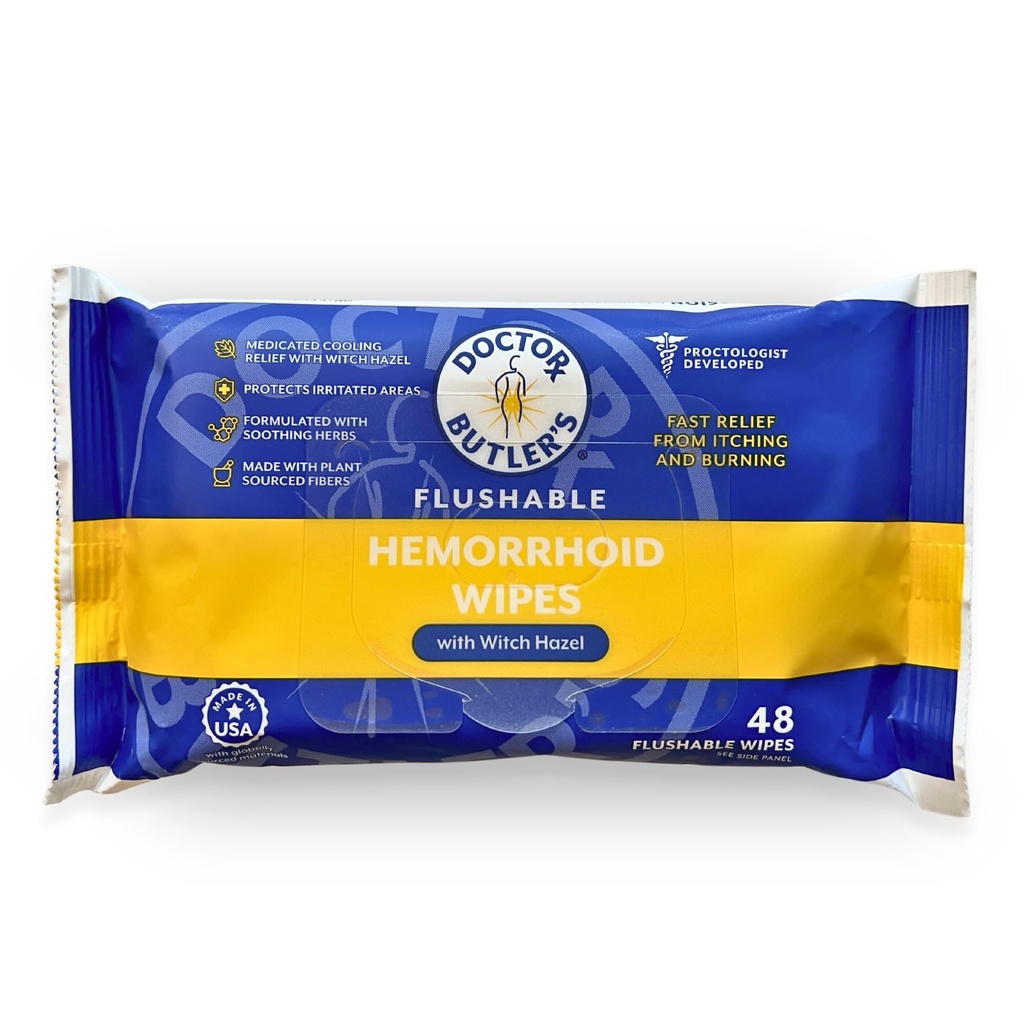 Flushable Wutler's Flushable Hemorrhoid Wipes – Flushable Wipes with Witch Hazel to Soothe and Gring Relief from Disfort Associated with Hemorrhoids (48 Wipes)
