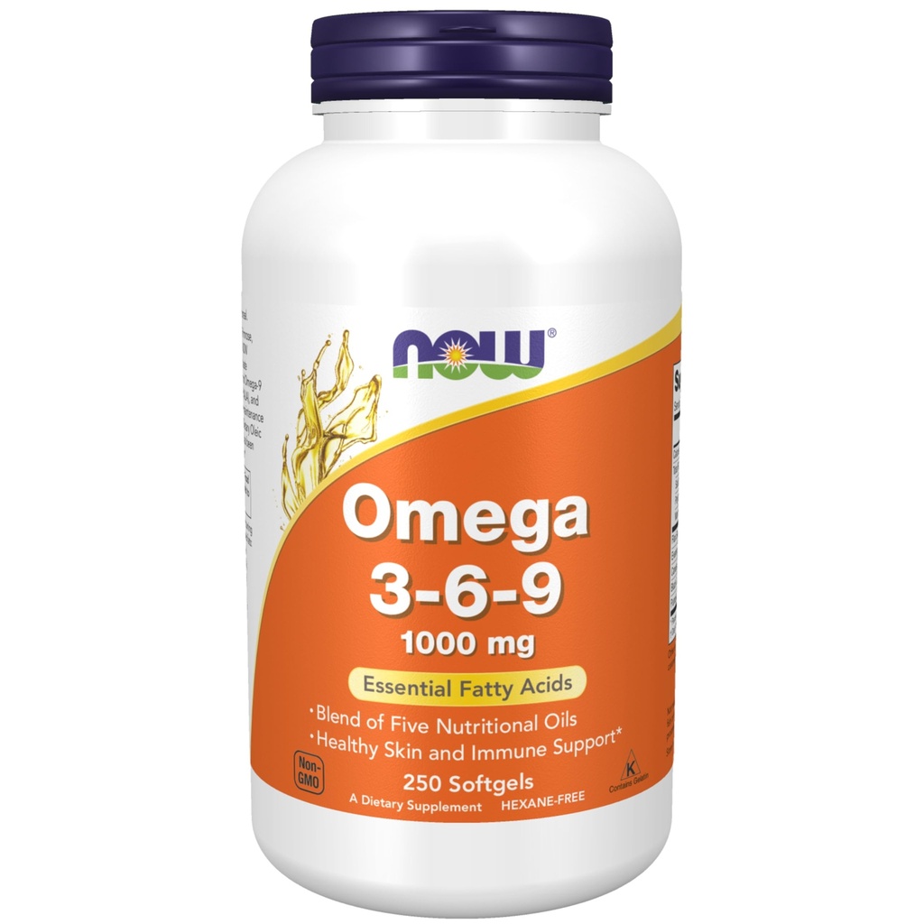 NOW Συμπληρώματα Τροφίμων, Ωμέγα 3-6-9 1000 mg με ένα μείγμα από λιναρόσπορο, Βραδινό Primrose, Canola, Μαύρο Σταφύλι και κολοκύθας Έλαια Σπόροι, 250 Softgels