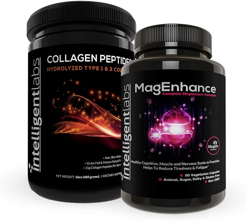 Intelligent Labs 2-in-1 Bundle of MagEnhance Supplement (High Absorption Chelated Magnesium Complex) and Collagen Peptides Powder (Unflavored Organic Hydrolyzed Type 1 & 3 Collagen Protein Powder)