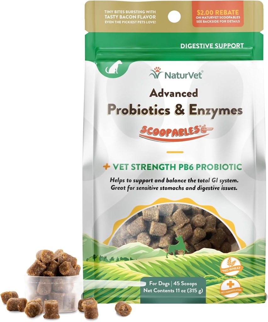 NaturVet Scoopables Advanced Probiotics for Dogs - Μασώμενα Προβιοτικά Σκύλος & Digestive Ένζυμα - Υποστηρίξτε ένα υγιές ένζυμο για το κατοικίδιο ζώο σας - Hickory καπνιστό Bacon Flavor 