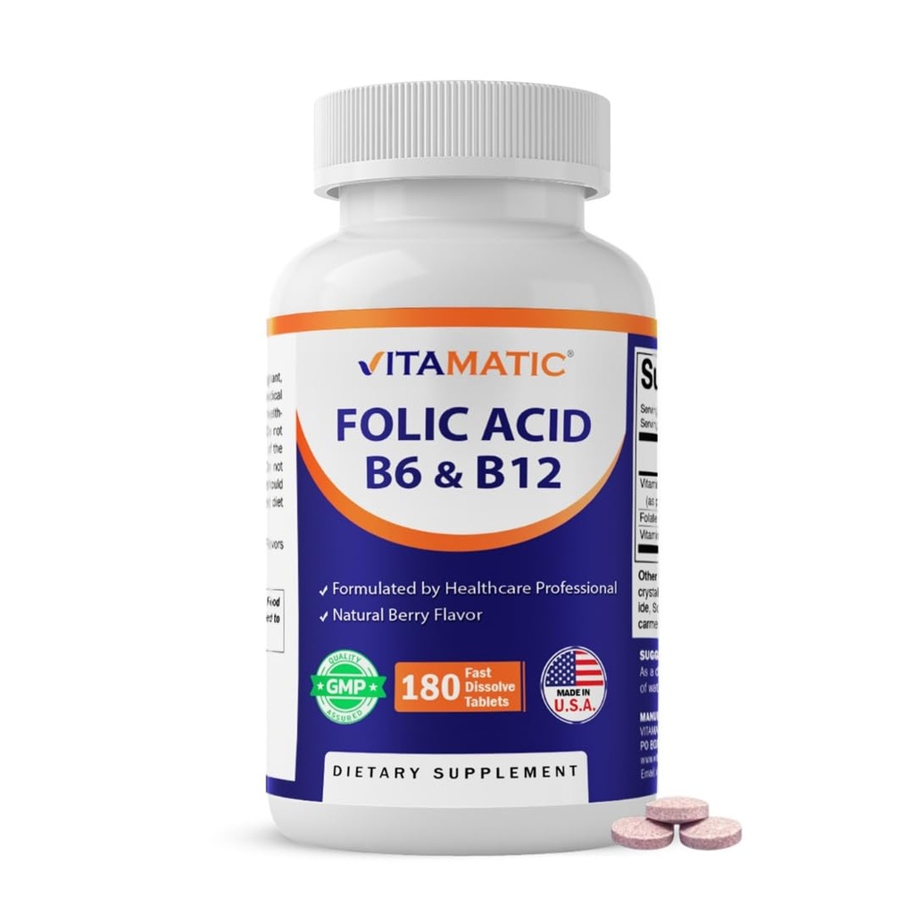 Vitamatic Folic Acid, Βιταμίνη B12 & B6 – 180 Ταμπλέτες ταχείας διάλυσης για την υγεία της καρδιάς, την παραγωγή ενέργειας και την υποστήριξη των ερυθρών κυττάρων του αίματος