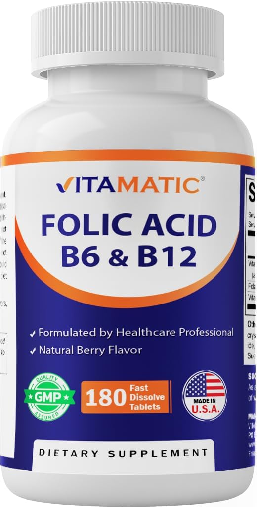 Vitamatic Folic Acid, Vitamin B12 & B6 – 180 Fast Dissolve Tablets Heart Health, Energy Production & Red Blood Cell Support
