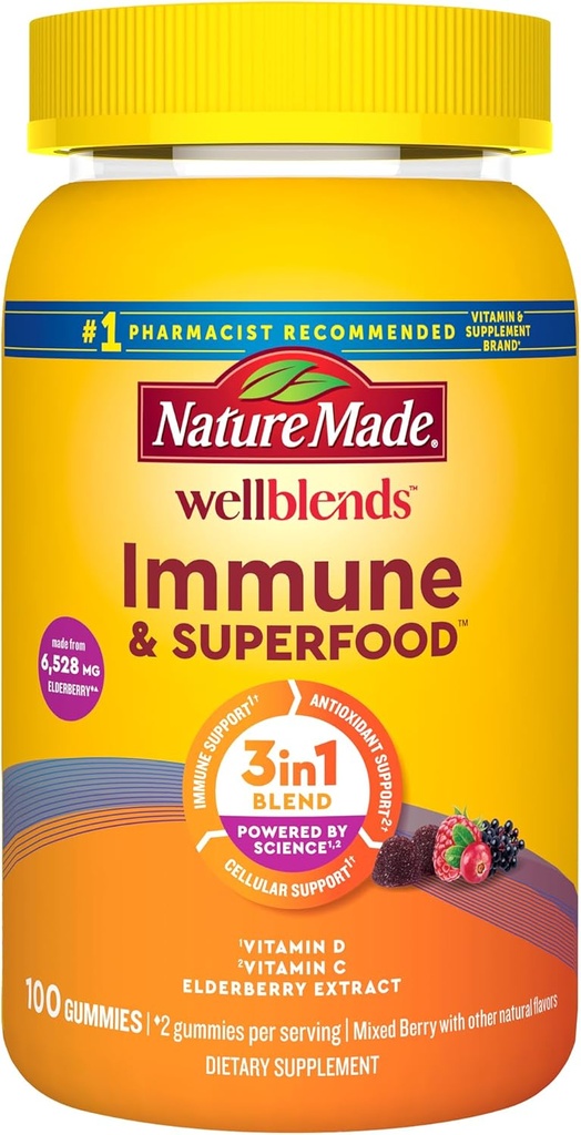 Nature Made Wellbleds Ανοσοποιητικό & Superfood, Gelderberry Gummies with Acerola Cherry Extract, Plus Βιταμίνη C + Βιταμίνη D, ανοσοποιητικό συμπλήρωμα υποστήριξης, 100 Gummy Βιταμίνες