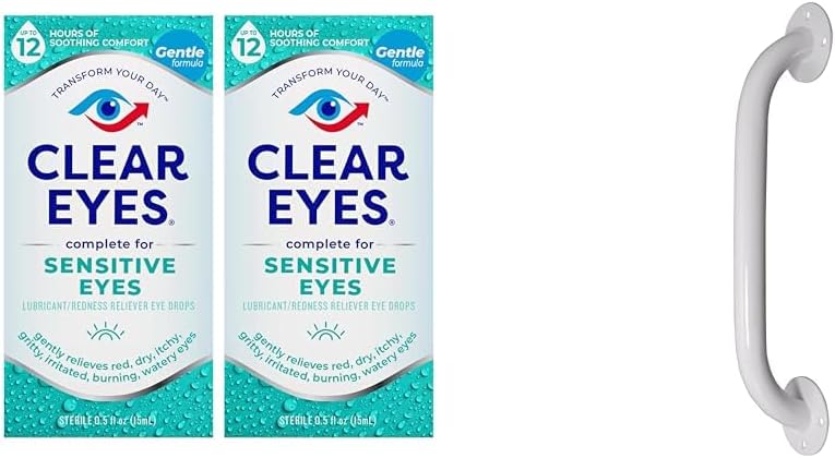Clear Eyes Sensitive Eye Drops, 2 Pack and Drive Medical White Powder-Coated Grab Bar