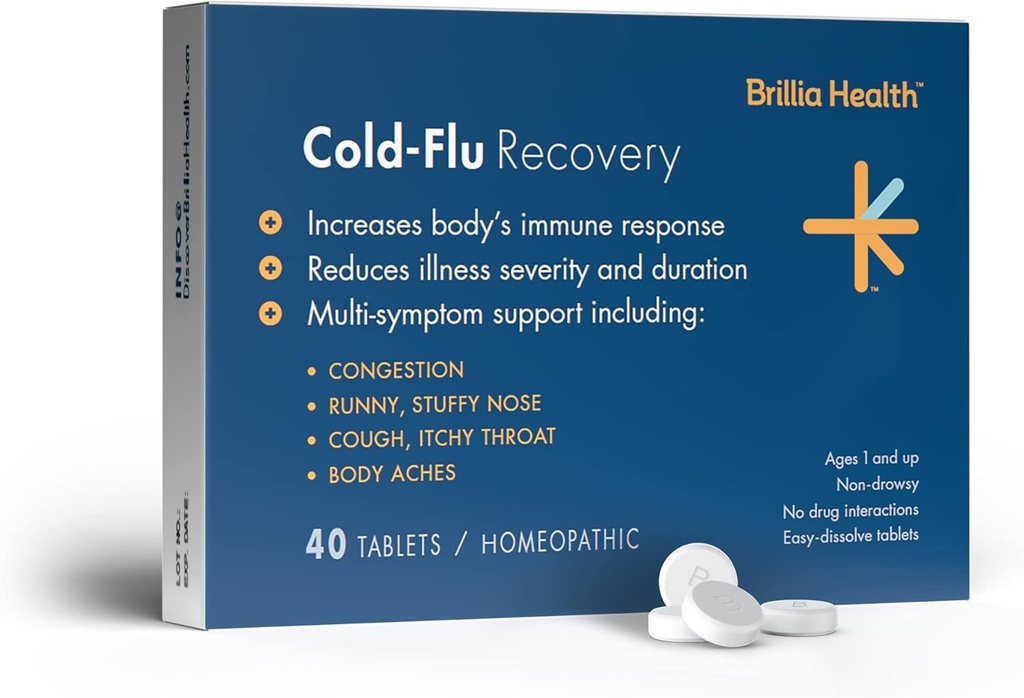 Brillia Health - Cold-Flu Recovery - 40 Tablets - Ομοιοπαθητική Ανακούφιση Ψυχρού-Flu - Παρέχει Κλινική-Αποδεδειγμένη Ανακούφιση για Ψυχρό, Γρίπο & Βήχα - για Ενήλικες & Παιδιά