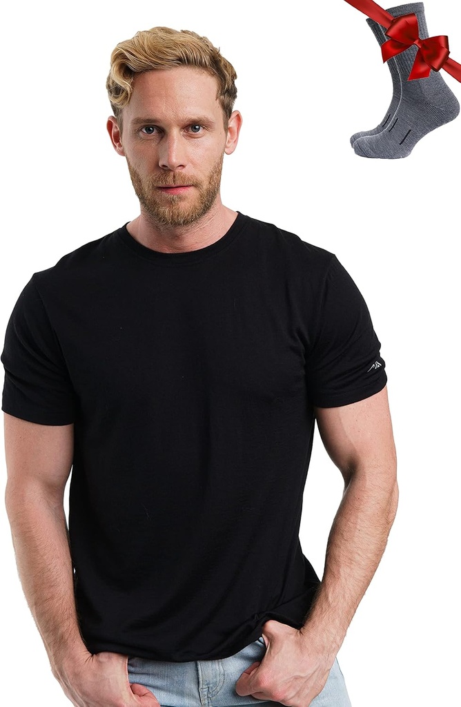 Merino Wool Εσώρουχο για άνδρες – Ελαφρύ θερμικό T-Shirt + Κάλτσες (Μικρό, Μαύρο Μελάνι)