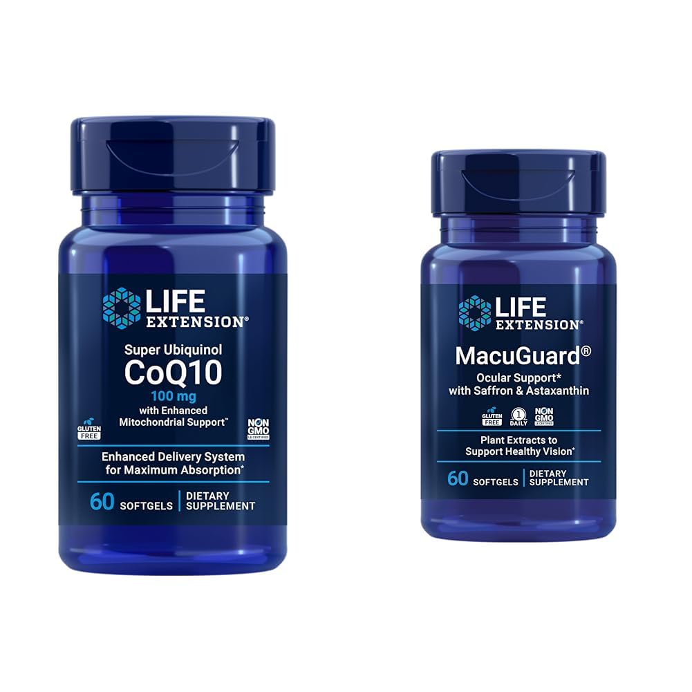 Επέκταση ζωής Super Ubiquinol CoQ10 Καρδιά Υγεία Κυτταρική ενέργεια 60 Softgels & Macuguard Οφθαλμική υποστήριξη Lutein Zeaxanthin Saffron Aspaxanthin Eye Health 60 Count