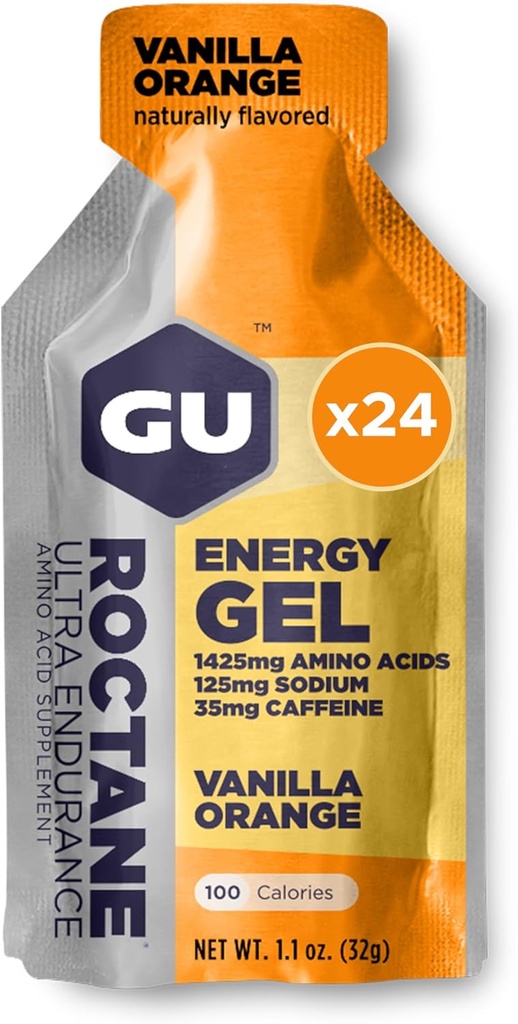 GU Energy Roctane Ultra Endurance Energy Gel, Vegan, Gluten-Free, Kosher, and Dairy-Free On-The-Go Sports Nutrition for Running, Biking, Hiking or Skiing, Vanilla Orange (24 Packets)