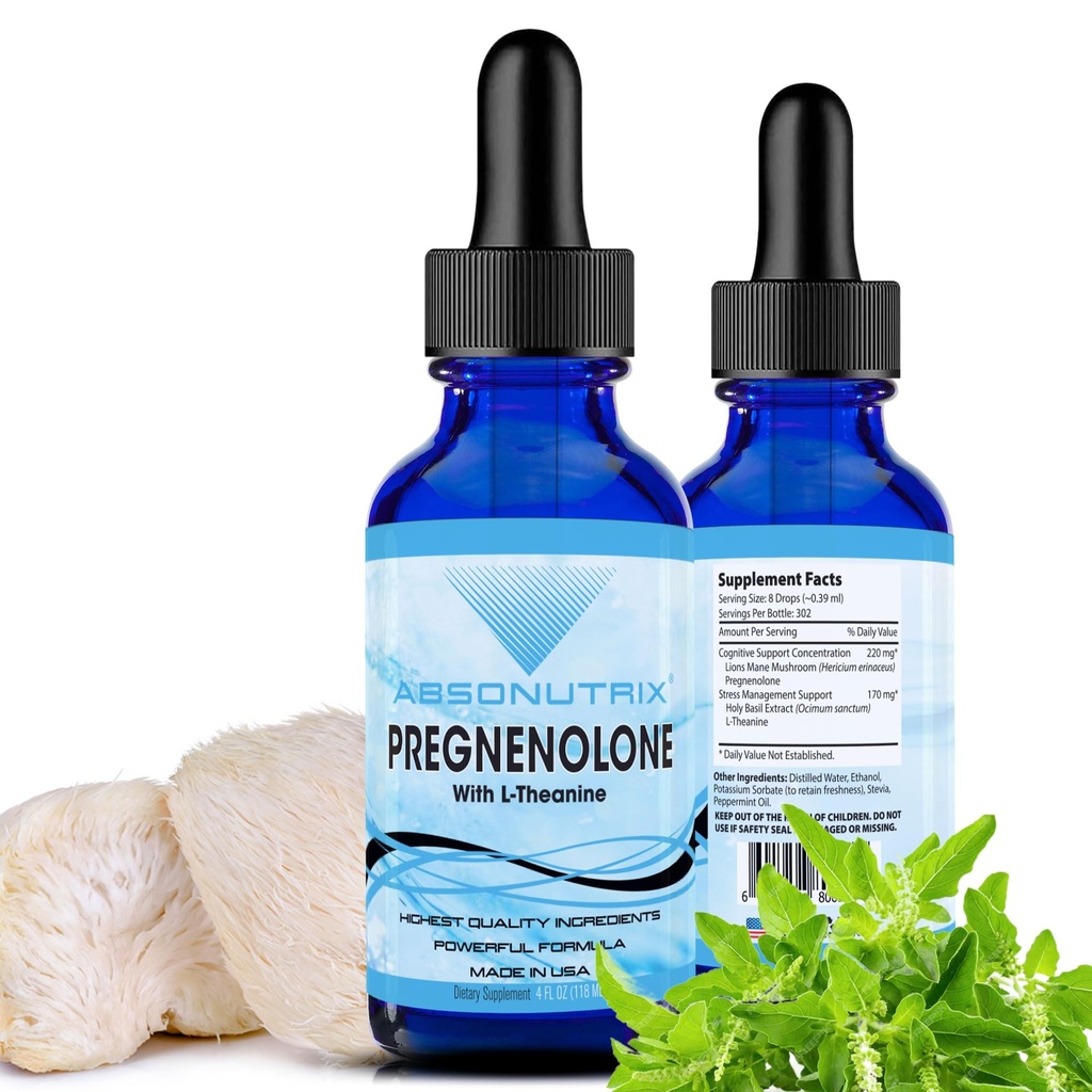 Absonutrix Pregnenolone με L-Theanine Advanced Formula 390 mg, 4 Oz Liquid, 302 Services, Made in USA, Γρήγορη απορρόφηση, Ισχυρά συστατικά ποιότητας, Μη GMO, GMP Certified Facility