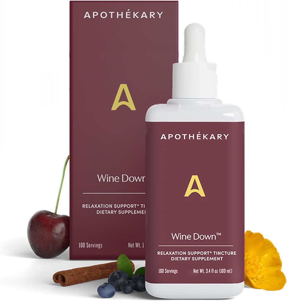 Apothékary Wine Down, Natural Sleep and Relaxation Support, Alcohol-free Red Wine-Inspired Herbal Liquid Drops, Consists of Blue Vervain, Tart Cherry, and California Poppy, 4 oz, 100 Servings
