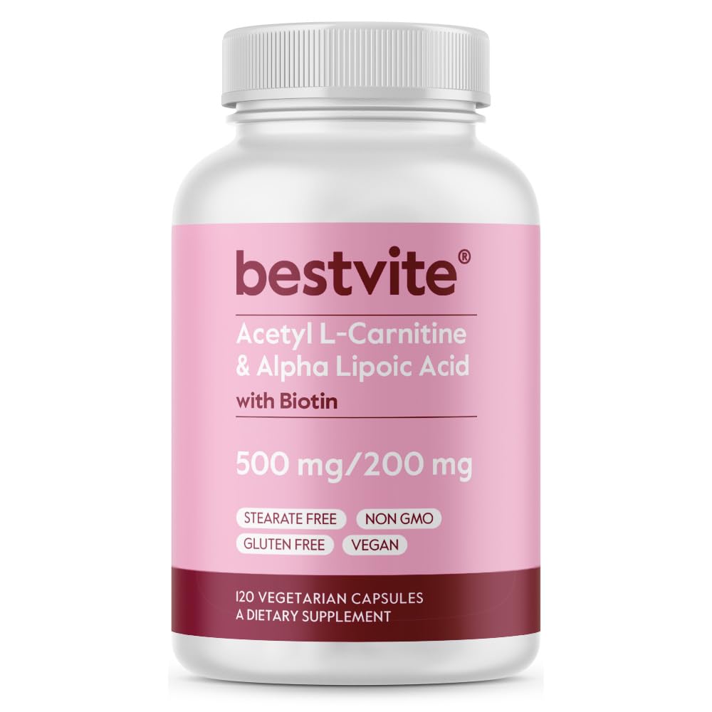 BESTVITE Acetyl L-καρνιτίνη 500mg & Alpha Lipoic Acid 200mg ανά καψάκιο με βιοτίνη (120 κάψουλες χορτοφάγων) - Χωρίς Stearates - Vegan - Μη ΓΤΟ - Χωρίς γλουτένη