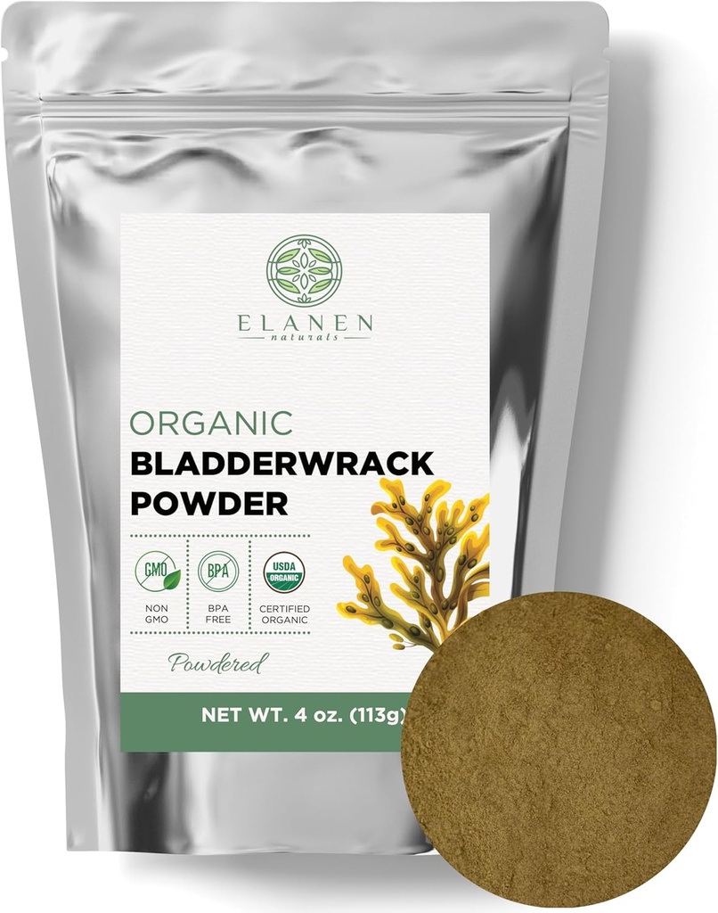 Elanen Naturals Organic Bladderwrack Powder 4 oz. (113g) from France, USDA Certified Organic Kelp Bladderwrack Herb, Fucus Bladder Wrack Powder Bladderack Supplement