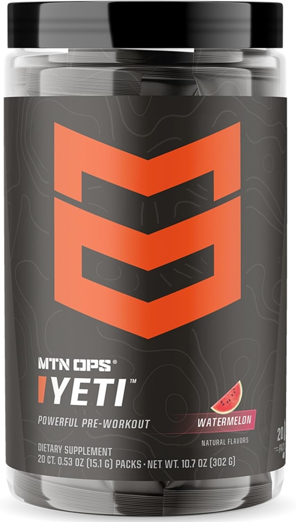MTN OPS Yeti Trail Packs Pre-Workout Powder Energy Drink with Creatine, 200mg Caffeine & BCAAs with Beta Alanine, 20-Single Services, Watermelon