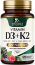 Vitamin D3 K2 Supplement | 5000 IU D3 + K2 100 mcg | MK-7 K2 with Vitamin D | Supports Immune, Heart, Teeth & Bone Health - Nature's Easy to Chew, VIT D3 K2, Non-GMO, Tasty Berry Flavor - 120 Tablets