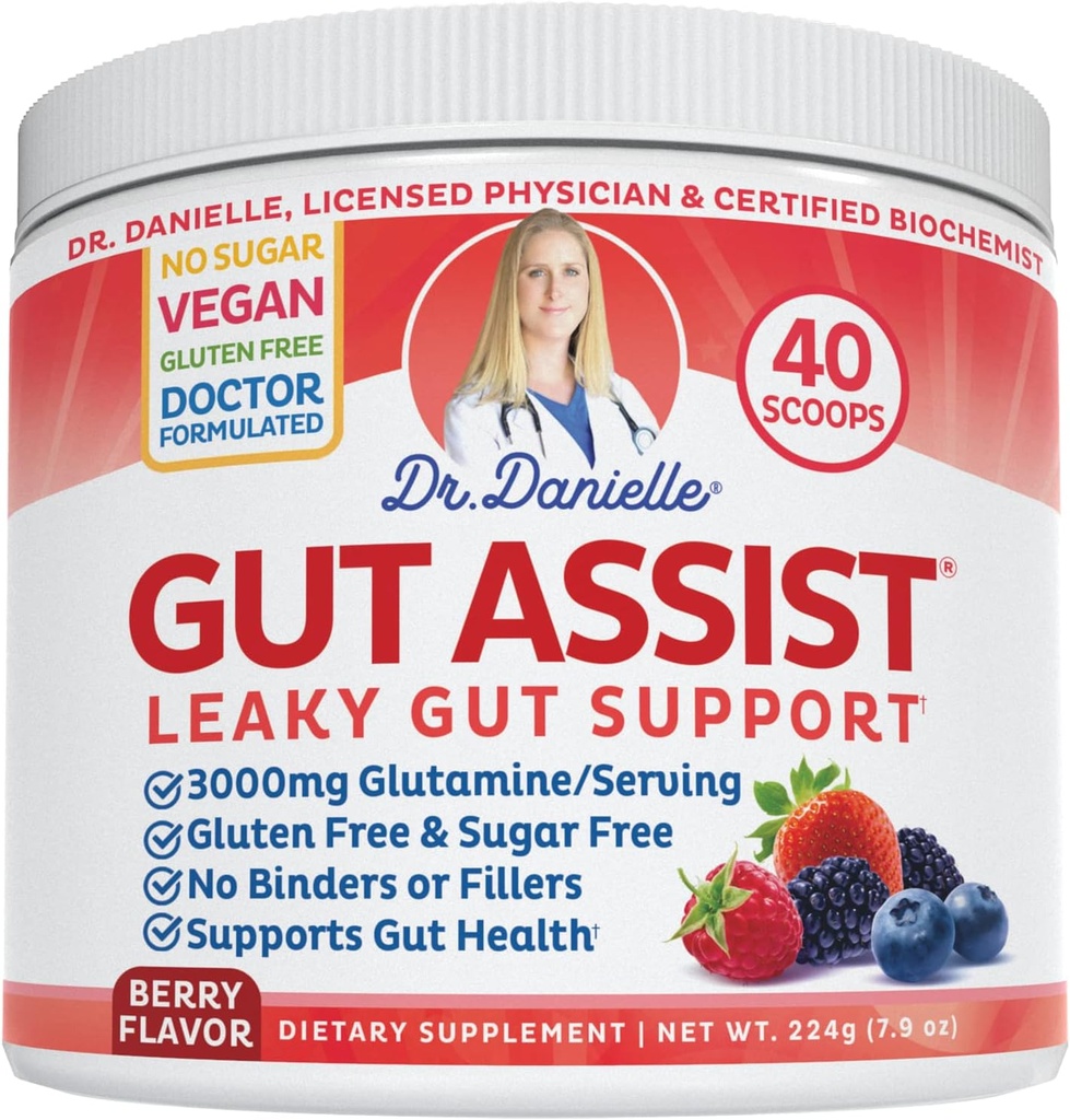 Doctor Danielle Gut Assist - Leaky Gut επισκευή συμπλήρωμα σκόνης - Γλουταμίνη, Arabinogalactan, Licorice Root - Υποστηρίζει IBS, Heartburn, Bloating, αέριο, δυσκοιλιότητα, SIBO από, Berry Γεύση