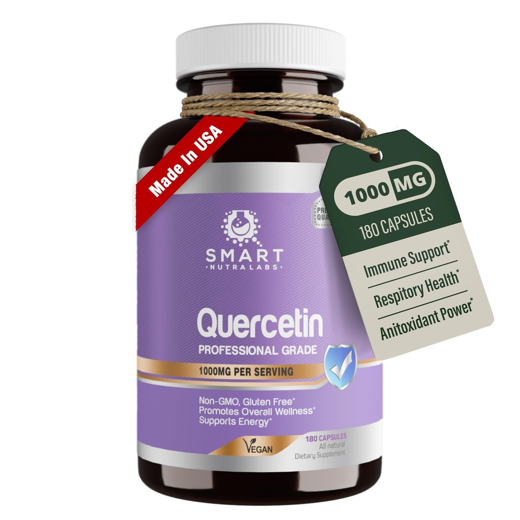 Smart Nutra Labs Quercetin 1000mg- 180 Vegan Capsules, 100% Pure Quercetin Supplement- Non-GMO, Gluten Free, Third Party Tested