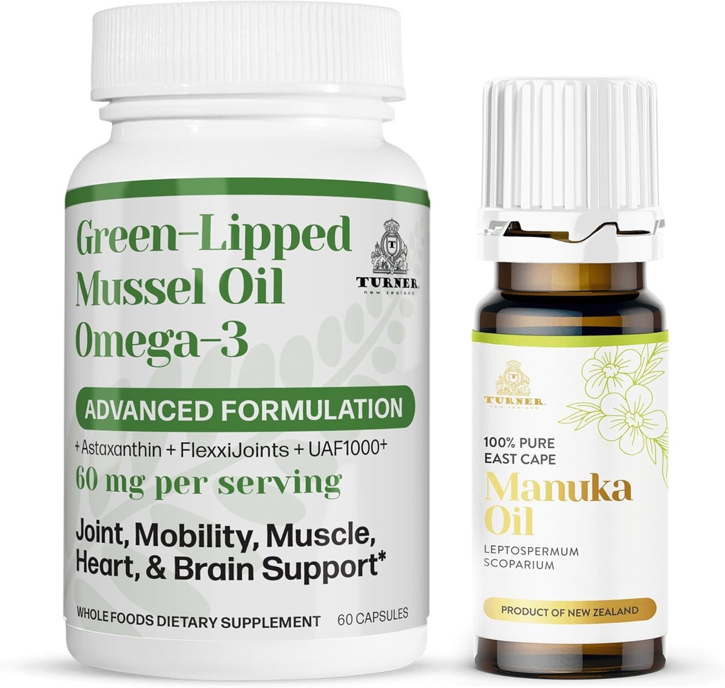 TURNER Νέα Ζηλανδία Omega-3 Πράσινο Lippped Mussel Oil, 53x Ανώτερη δύναμη για την ανώτερη κοινή άνεση και κινητικότητα, χωρίς ψαρική επίγευση, 1 μπουκάλι, 60 Softgels Plus 1 μπουκάλι Manuka Oil
