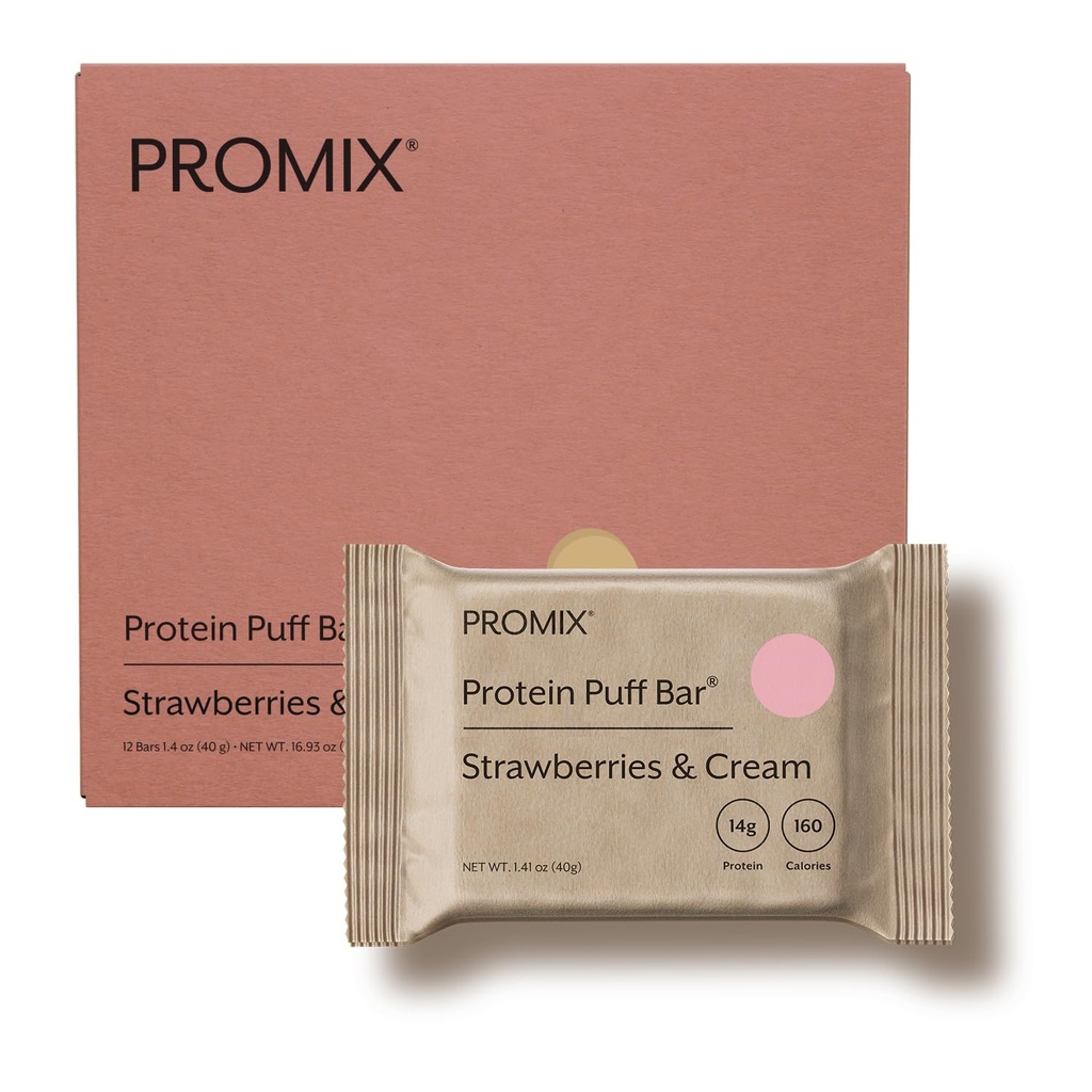 ProMix Διατροφή Whey Protein Isolate Puff Bar, Χαμηλή Carb Healthy Snack με Αυγά Λευκά - Grass Fed,Gluten Free, Χαμηλή Ζάχαρη, Χωρίς Σόγια (Strawberries & Cream) - 12 Bars