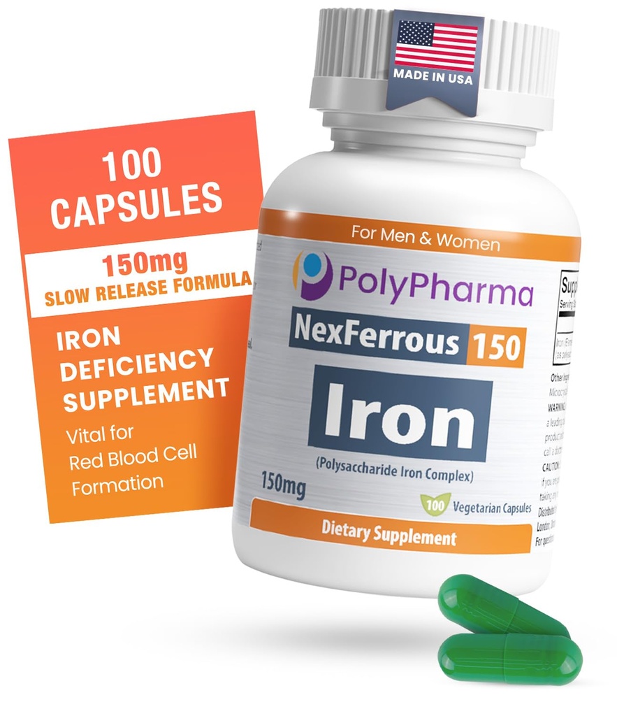 Πολυσακχαρίτης Iron Complex 150mg για την υποστήριξη της αναιμίας - Πρόληψη & Θεραπεία της ανεπάρκειας σιδήρου, Υποστηρίζει Σχηματισμό των ερυθρών κυττάρων αίματος, Απαλό στο στομάχι, υψηλής ισχύος, ΗΠΑ-Made, 100 κάψουλες