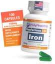 Πολυσακχαρίτης Iron Complex 150mg για την υποστήριξη της αναιμίας - Πρόληψη & Θεραπεία της ανεπάρκειας σιδήρου, Υποστηρίζει Σχηματισμό των ερυθρών κυττάρων αίματος, Απαλό στο στομάχι, υψηλής ισχύος, ΗΠΑ-Made, 100 κάψουλες