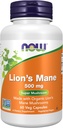 NOW Συμπληρώματα Τροφίμων, Mane 500 mg Lion, Super Mushroom, Made with Organic Lion's Mane Μανιτάρια, 60 κάψουλες Veg