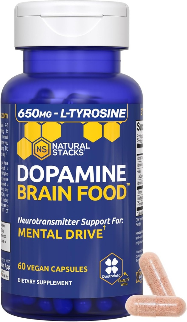 Dopamine Brain Food - 650mg L-Tyrosine Supplement - Dopamine Supplement for Focus & Mental Drive - Supports Mental Energy - Neurotransmitter Support with B Vitamins - 60 Capsules