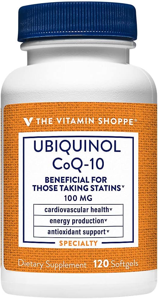 The Vitamin Shoppe Ubiquinol CoQ-10 100mg - Beneficial for Those Taking Statins – Supports Heart & Cellular Health and Healthy Energy Production, Essential Antioxidant – Once Daily (120 Softgels)