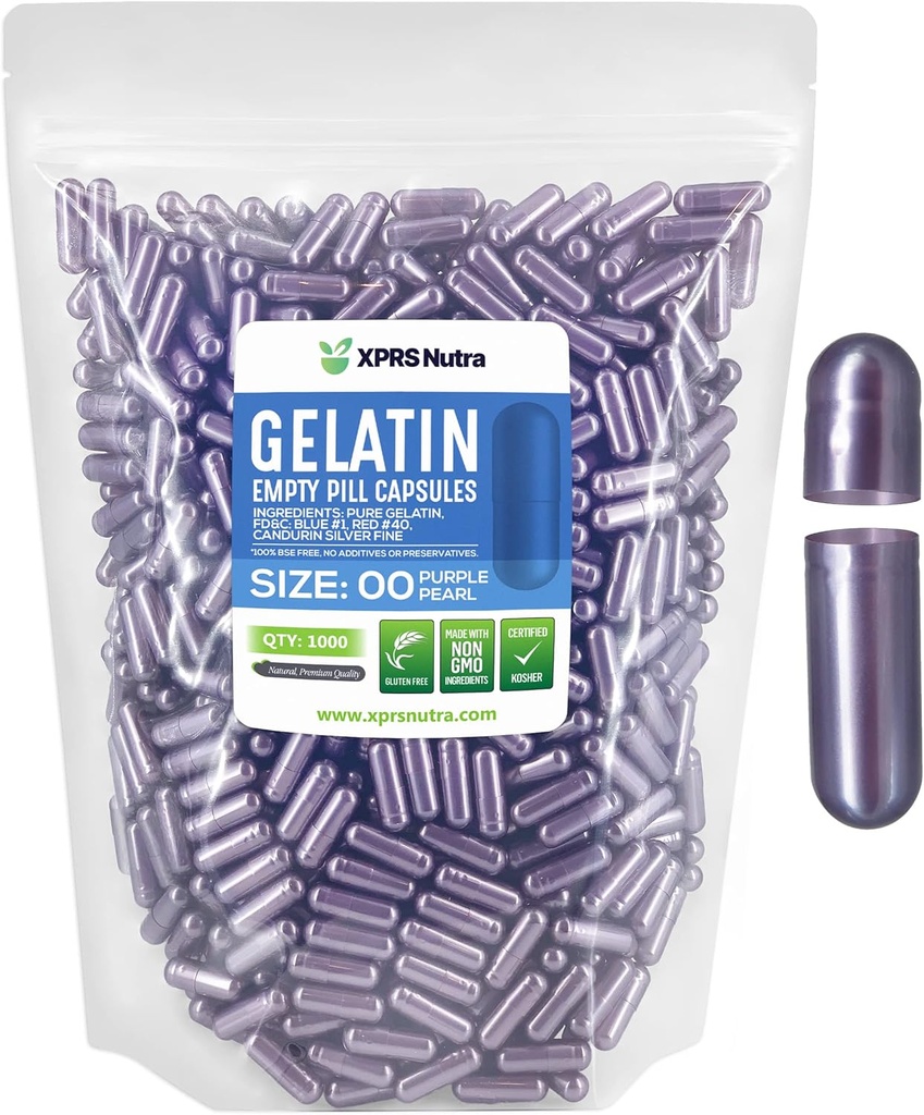 XPRS Nutra Μέγεθος 00 Κενές κάψουλες - 1000 Count Empty Gelatin Κάψουλες - Χάπια DIY Καψάκιο Γέμισμα - Γέμισμα χάπια Gel Caps για συμπληρώματα DIY (Purple Pearl)
