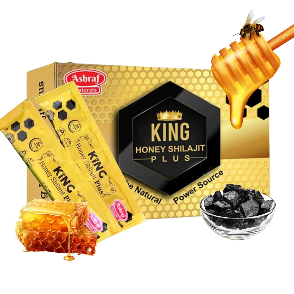 Ashraf Naturals King Honey Shilajit Plus - Premium Μέλι & Ιμαλαΐων Shilajit Μπλέκεται με εκχυλίσματα βοτάνων, Φυσική ενέργεια & υποστήριξη ζωτικότητας,15 φακελάκια x 15g