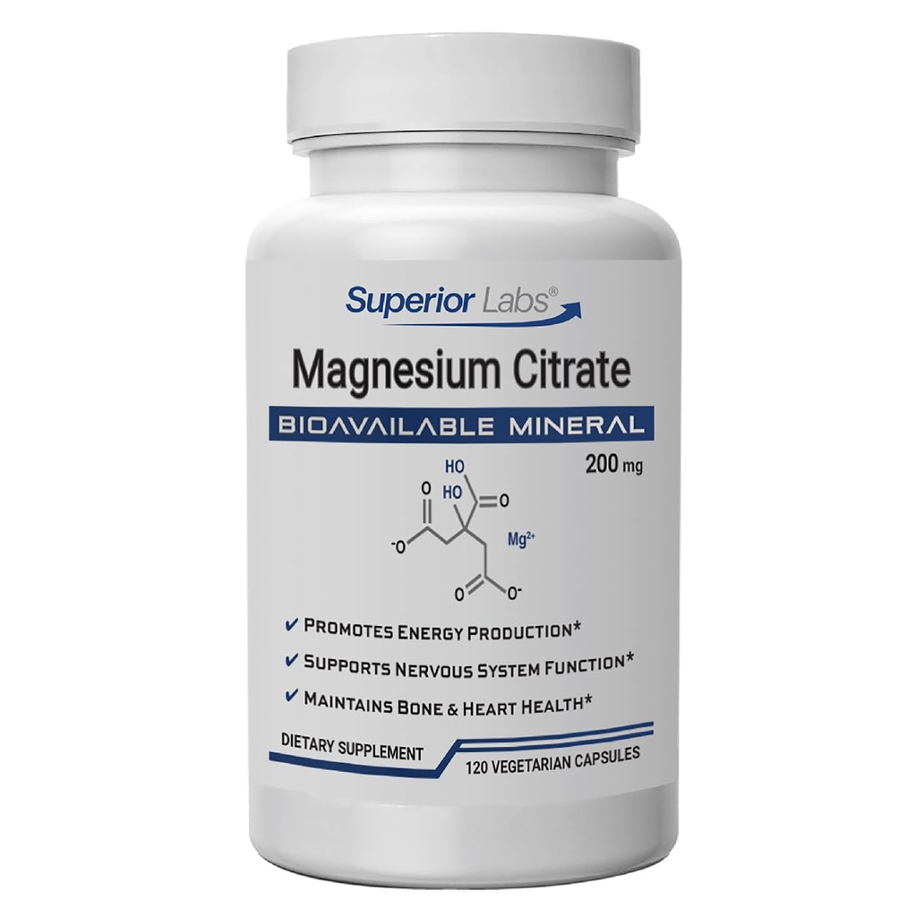 Superior Labs Μαγνήσιο Citrate 200mg, Υψηλή Απορρόφηση, Μη-ΓΤΟ, Πρόσθετη-ελεύθερο & χωρίς γλουτένη, Προάγει τον ήρεμο ύπνο, Ανακουφίζει τους μυς Cramps & Twitches, Υποστηρίζει την ανακούφιση δυσκοιλιότητα, 120 Veg Caps
