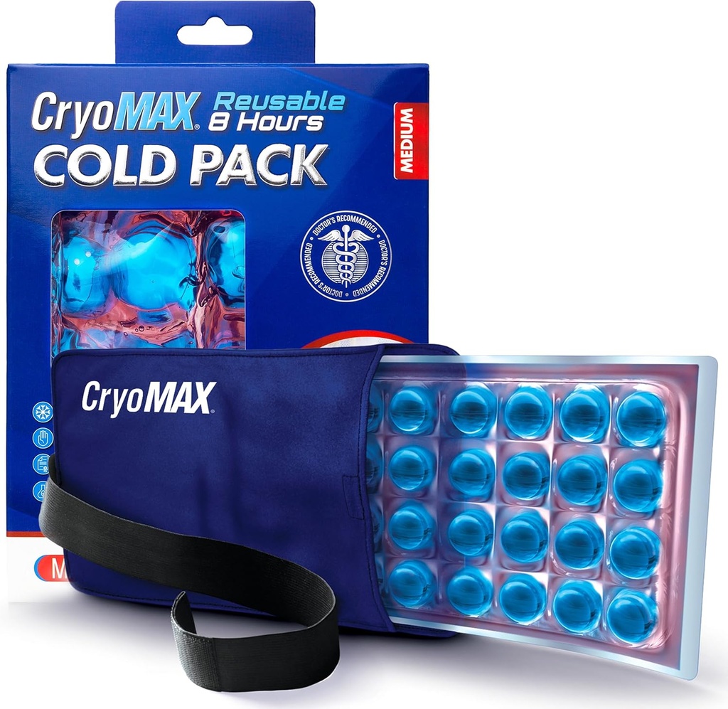 Cryo-Max κρύο πακέτο, 8 ώρες επαναχρησιμοποιήσιμη κρύο θεραπεία παγωτού πακέτο για αγκώνες, γόνατα, λαιμός + Περισσότερα, μέσο, 6" x 12" 1 κόμης)