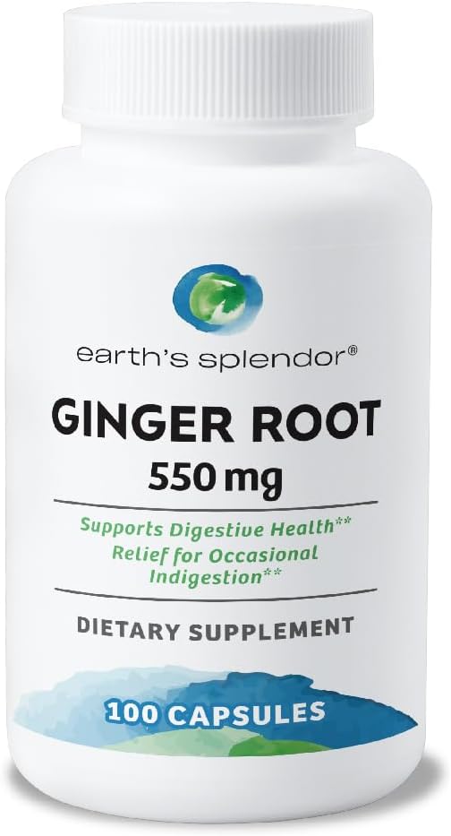 Earth's Splendor Ginger Root 550 mg συμπλήρωμα για άνδρες & γυναίκες, υποστηρίζει Digestive Υγεία, χωρίς τεχνητό χρώμα ή συντηρητικά (550 mg, 100 κάψουλες)