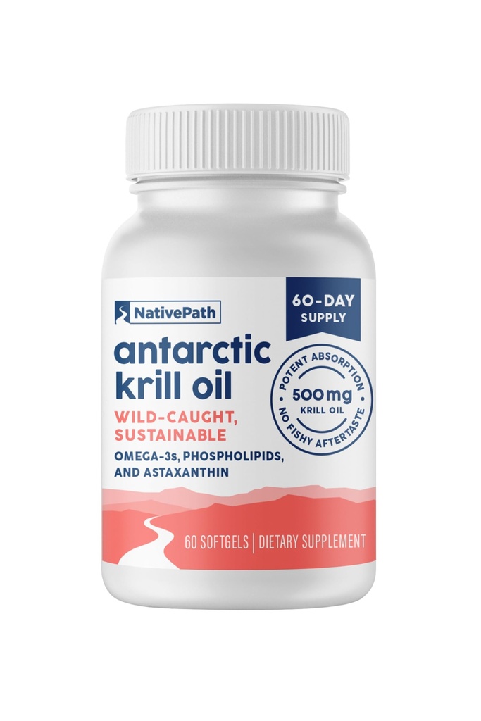 NativePath Ανταρκτικής Krll Oil - Wild-Caught Omega 3 Krill Oil 500mg Softgels με EPA, DHA και Ασταξανθίνη - Συμπλήρωμα για την κοινή, καρδιά, εγκέφαλο και ανοσία - 60 ct - Δεν Fishy Επίγευση