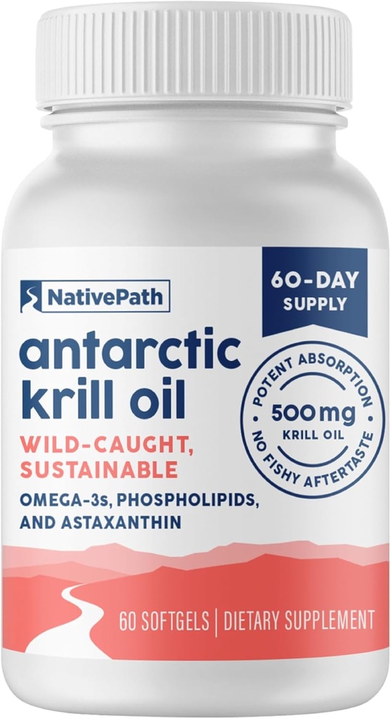 NativePath Ανταρκτικής Krll Oil - Wild-Caught Omega 3 Krill Oil 500mg Softgels με EPA, DHA και Ασταξανθίνη - Συμπλήρωμα για την κοινή, καρδιά, εγκέφαλο και ανοσία - 60 ct - Δεν Fishy Επίγευση