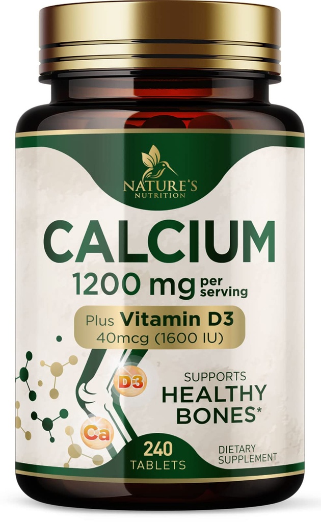 Ασβέστιο 1200 mg με βιταμίνη D3 - Συμπλήρωμα για την υγεία των οστών, βιταμίνη D & συμπληρώματα ασβεστίου για γυναίκες & άνδρες - Δύναμη των οστών, δόντια & ανοσοποιητική υποστήριξη, χάπια ασβεστίου της φύσης, εμφιαλωμένα στις ΗΠΑ - 240 δισκία