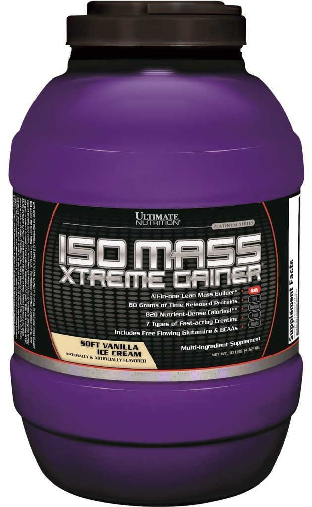 Ultimate Διατροφή ISO Μαζική Xtreme Gainer, Κερδίζοντας βάρος πρωτεΐνη σκόνη με Creatine, 60 γραμμάρια πρωτεΐνης, Whey Isolate πρωτεΐνη σκόνη για Lean μυϊκή αύξηση, 10 LBS με 30 σερβίροντας, παγωτό βανίλια