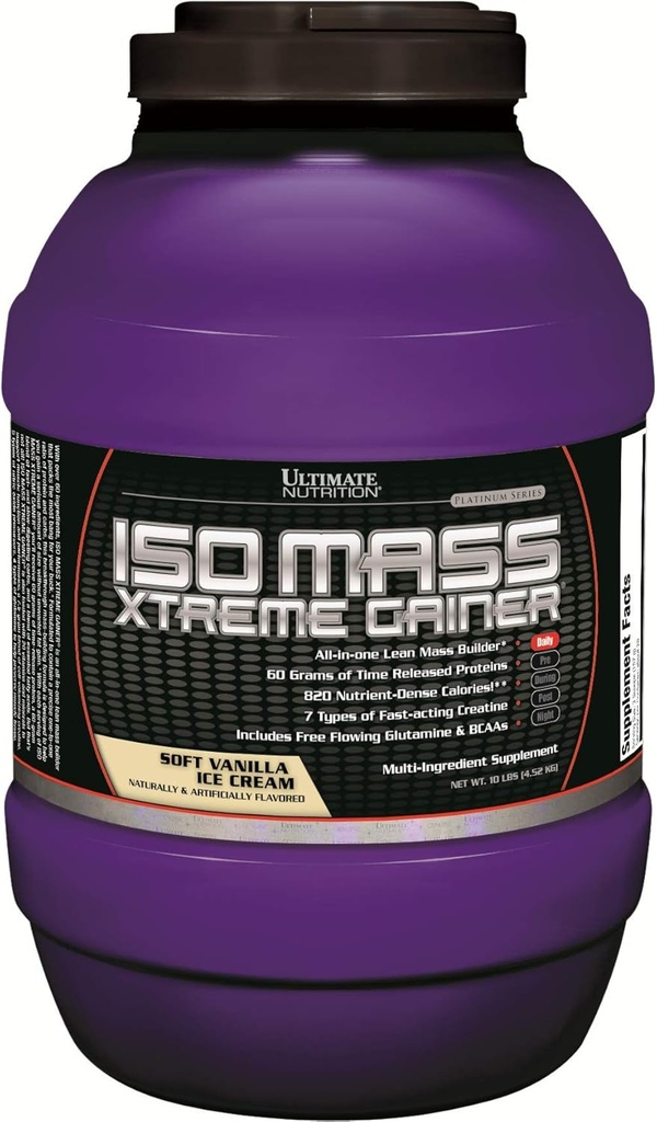 Ultimate Διατροφή ISO Μαζική Xtreme Gainer, Κερδίζοντας βάρος πρωτεΐνη σκόνη με Creatine, 60 γραμμάρια πρωτεΐνης, Whey Isolate πρωτεΐνη σκόνη για Lean μυϊκή αύξηση, 10 LBS με 30 σερβίροντας, παγωτό βανίλια