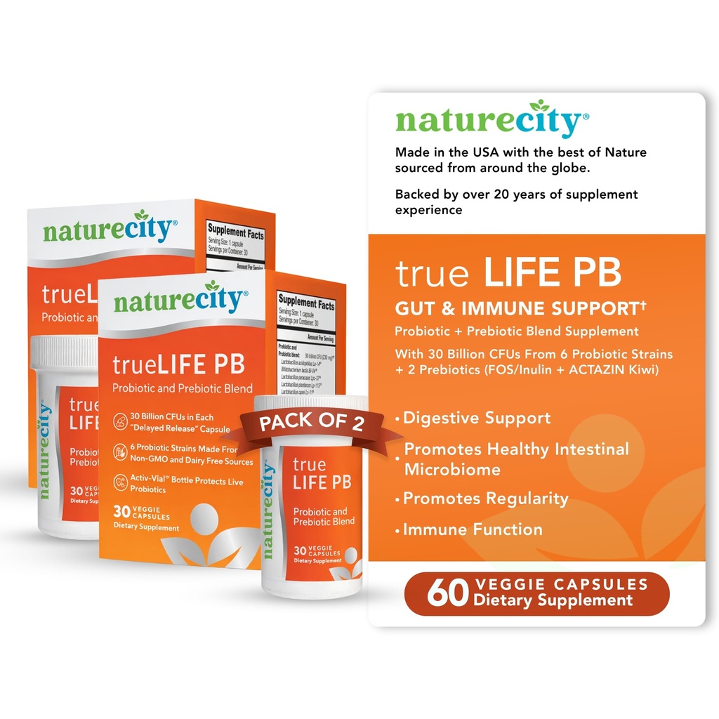 NatureCity True-Life-PB Ράφι Σταθερό Μείγμα Πρεβιοτικά και Προβιοτικά για γυναίκες και άνδρες - Digestive Gut Συμπληρώματα Υγείας για γυναίκες και άνδρες - Γαλακτοκομικά Χωρίς - (60 κάψουλες λαχανικών)