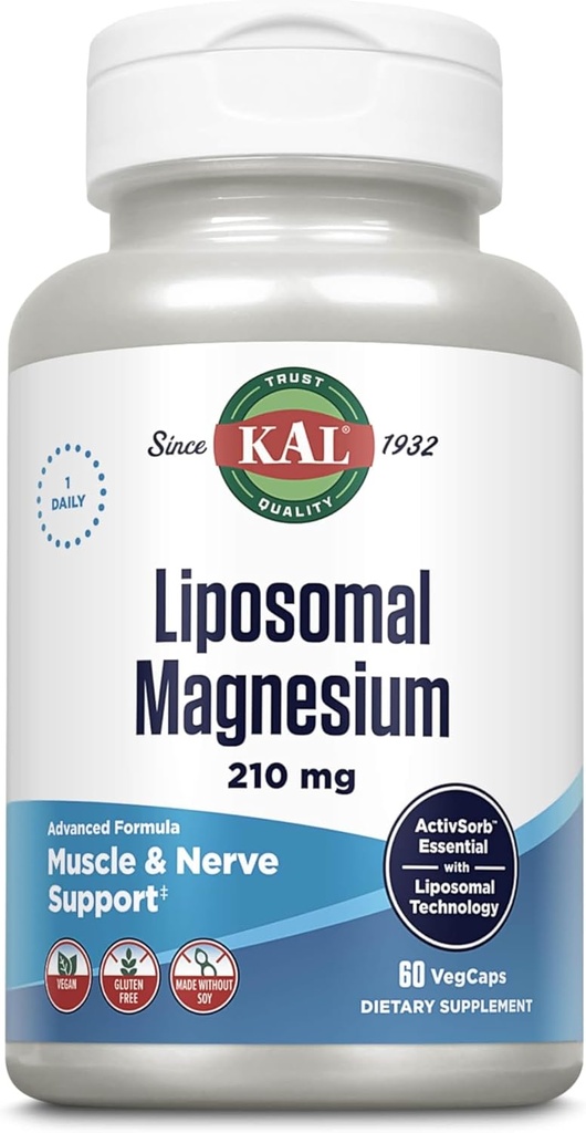 KAL Λιποσωμικό Οξείδιο Μαγνησίου 210 mg Υψηλή Απορρόφηση, Λιποσωμική Τεχνολογία, Απαραίτητη Μυική Υποστήριξη, Προηγμένη Φόρμουλα, Κάψουλες Vegan, Χωρίς Γλουτένη, Χωρίς Σόγια, 60 Μερίδες