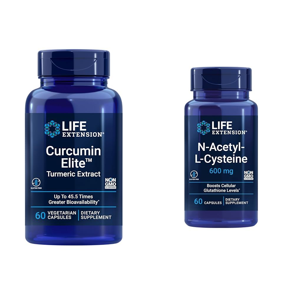 Επέκταση ζωής Curcumin Elite Turmeric Extract & N- Acetyl- L- Cysteine (NAC), ανοσοποιητικό, αναπνευστικό, ηπατική υγεία, NAC 600 mg, Ισχυρή αντιοξειδωτική υποστήριξη, Free-radicals, Easy to Absorb, 60 κάψουλες