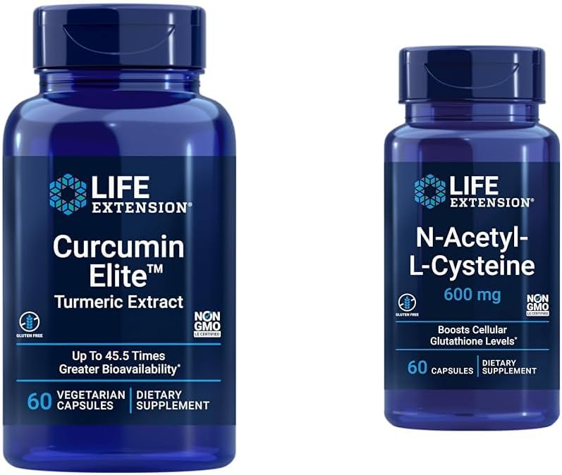 Life Extension Curcumin Elite Turmeric Extract & N-Acetyl-L-Cysteine (NAC), Immune, Respiratory, Liver Health, NAC 600 mg, Potent antioxidant Support, Free-radicals, Easy to Absorb, 60 Capsules