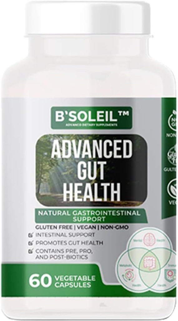 B’Soleil™ Advanced Gut Health Probiotic - Pre, Pro & Post Biotics - Natural Gastrointestinal Support - 60 Vegetable Capsules - Gluten Free, Vegan & Non-GMO Genuine Health Probiotics - 25 Billion CFU