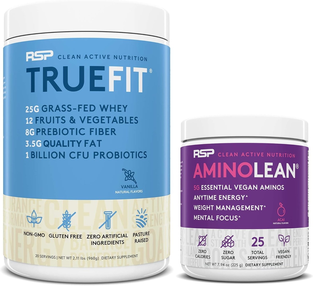 RSP NUTRITION Vegan AminoLean Pre Workout Energy (Acai 25 Servings) with TrueFit Protein Powder (Vanilla 2 LB)