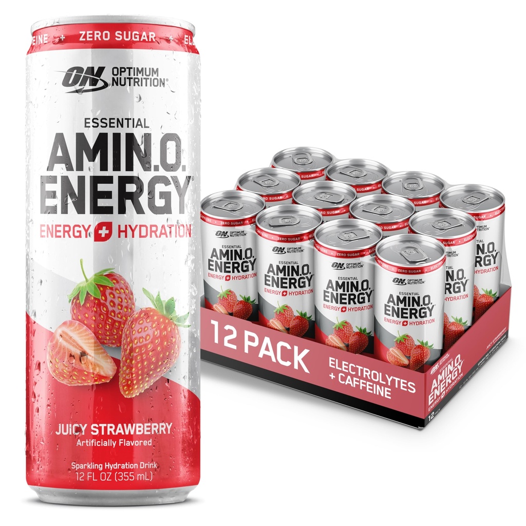 Optimum Nutrition Amino Energy Sparking Hydration Drink, Electrolytes, Caffeine, Amino Acids, BCAAs, Sugar Free, Juicy Strawberry, 12 Fl Oz, 12 Pack (Packing May Vary)