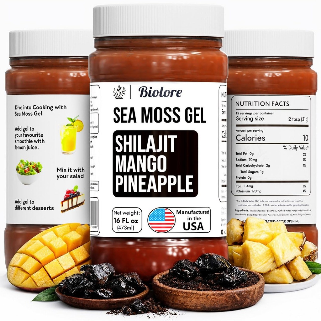 Biolore Wildcrafted Sea Moss Gel με Shilajit - Mango Pineapple 16 oz - Flavored Sea Moss Gel με Ουσιώδεις Βιταμίνες & Ίχνη Ορυκτών - Vegan Superfood - Made in USA, Gluten-Free, No Added Sugar