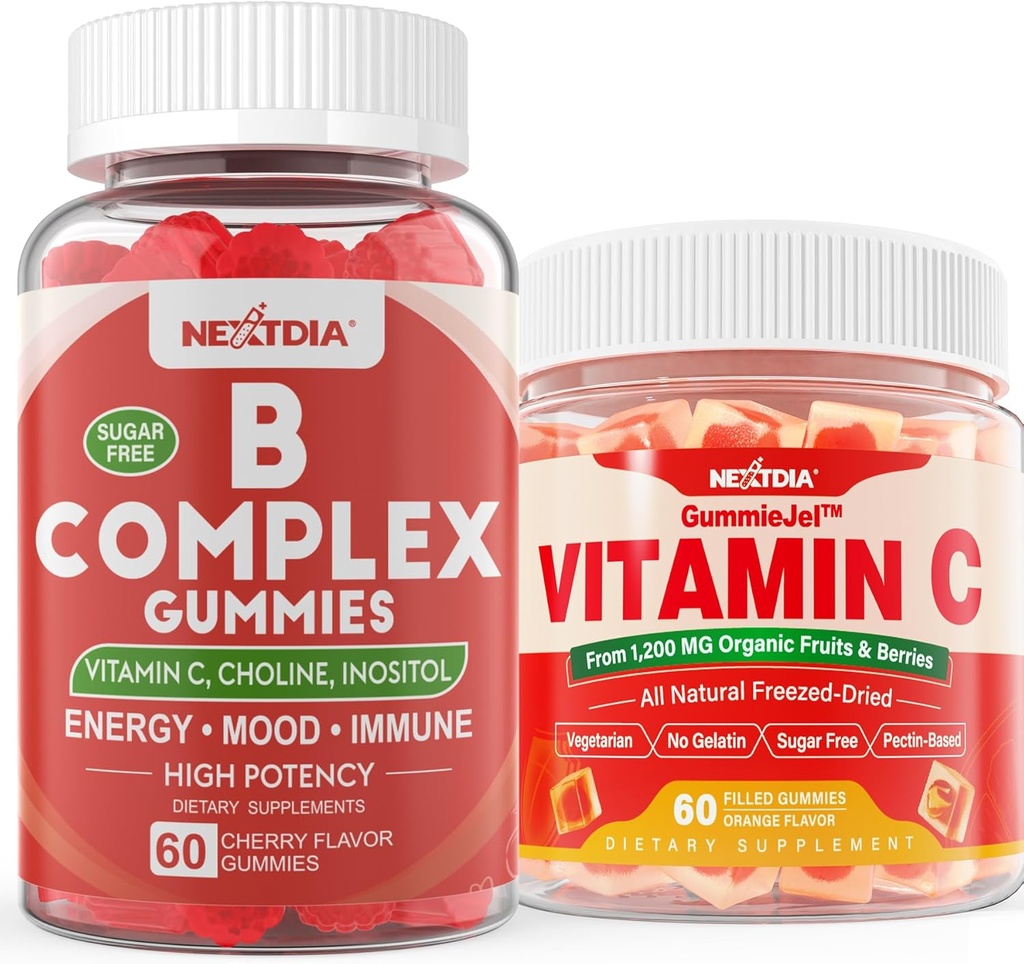 2 Pack Βιταμίνη B Σύμπλεξη Gummies με 2000 mcg Μεθύλιο B12, Φολικό Μεθύλιο + 1 Pack Ολόκληρα τρόφιμα Βιταμίνη C Gummies